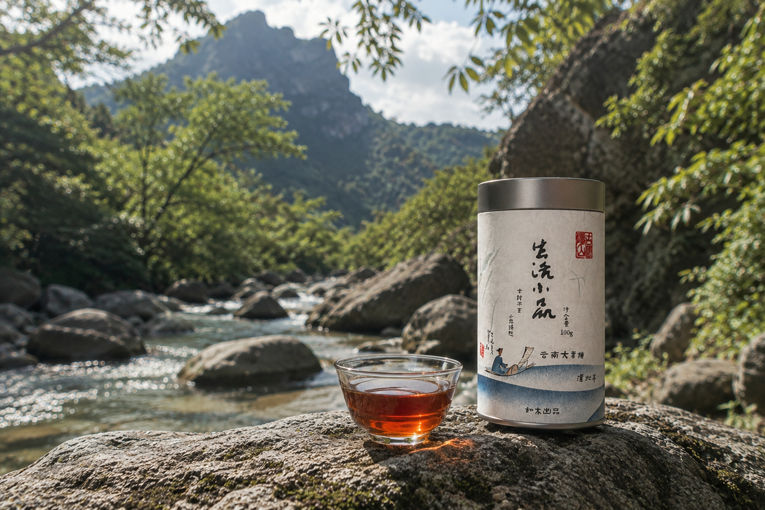 YINMONT tea packaging in a mountain stream setting